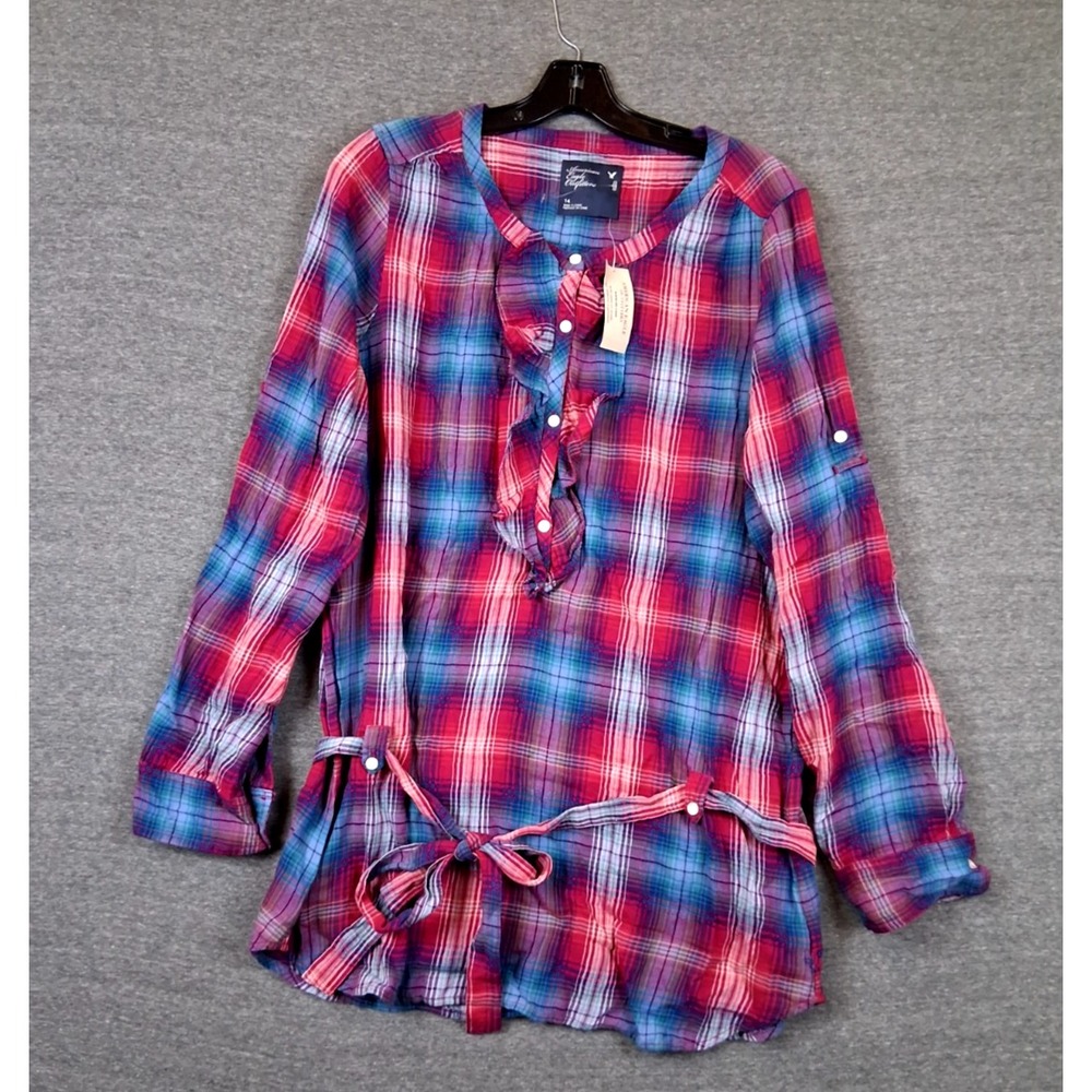NEW American Eagle Womens Shirt 14 Blue Plaid Belted Tunic Popover Ruffle Fall